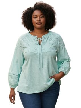 Style & Co Eyelet-Trim Tie-Neck Peasant Top, Color Minty Turquoise, Sz XL